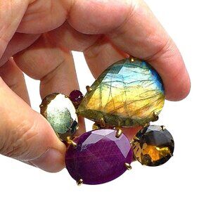 Vintage Bounkit Multi-Gemstone Pendant Brooch With Labradorite, And Smoky Topaz